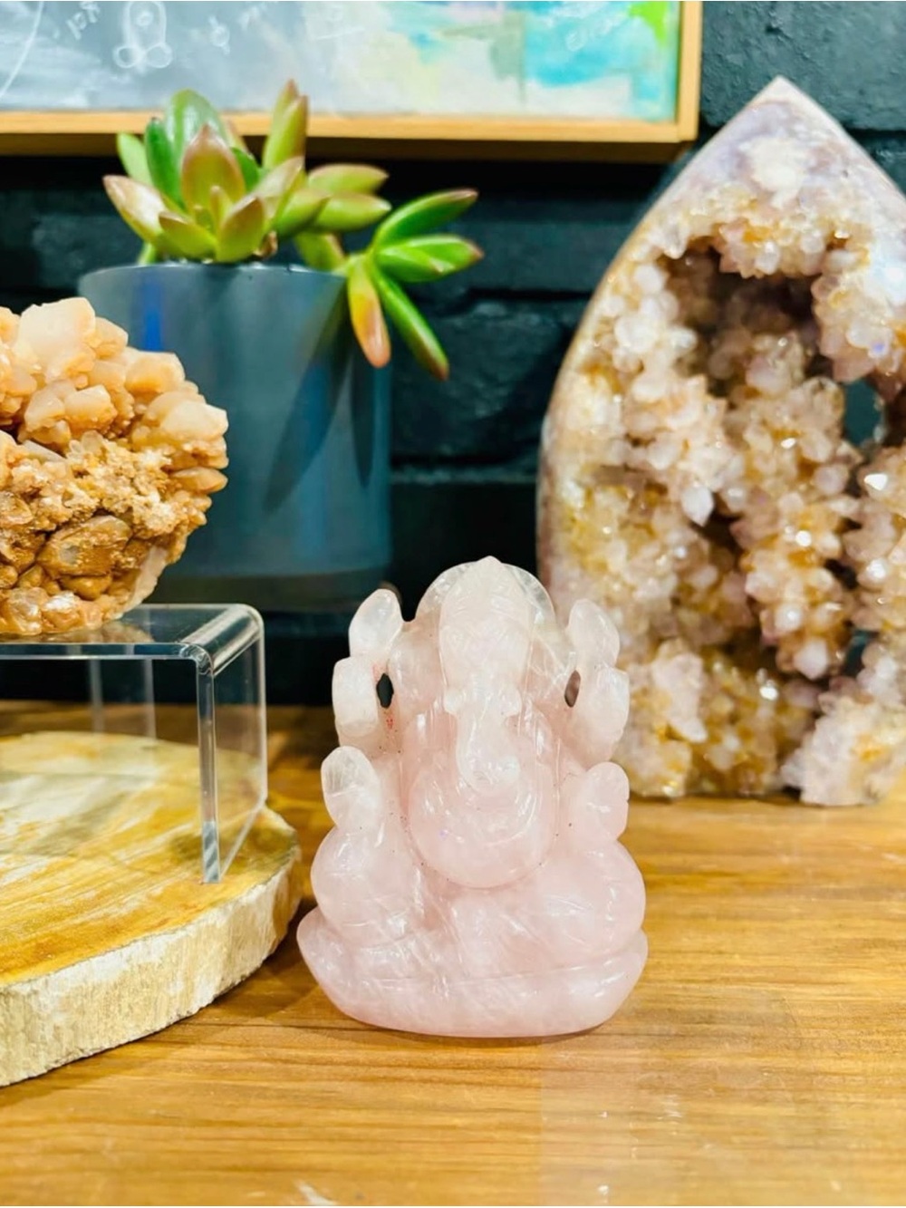Rose Quartz Ganesha Sculpture  3inch - Pink Crystal Home Accent